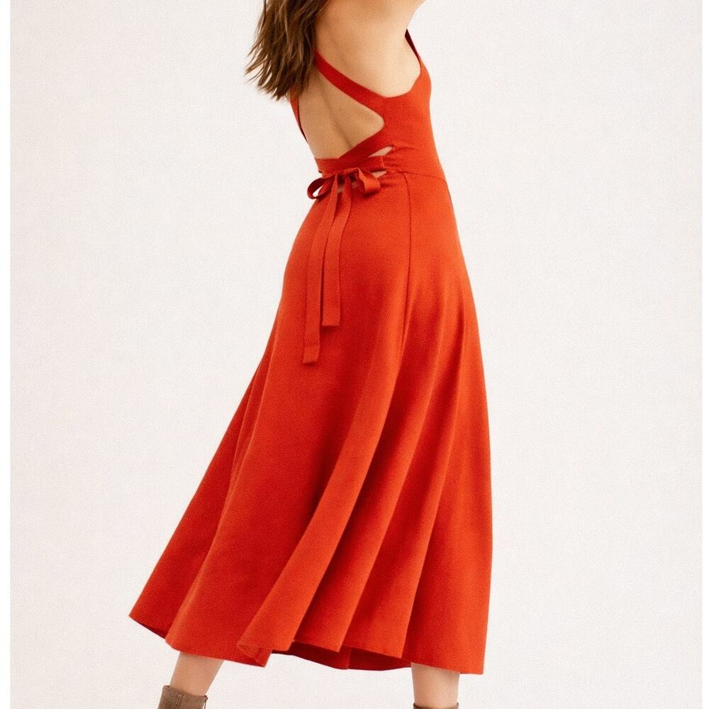 Free People Red Orange Knit Square Neck Dreamer Tie Back Midi Dress XS - Picture 2 of 9